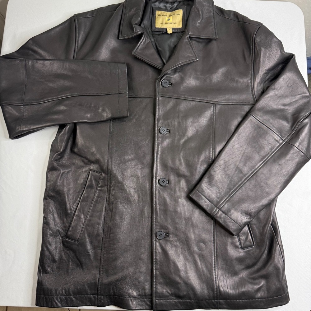 Boston Harbour Outdoorwear Mens Black Leather Button Front Car Coat Jacket L - Picture 12 of 16